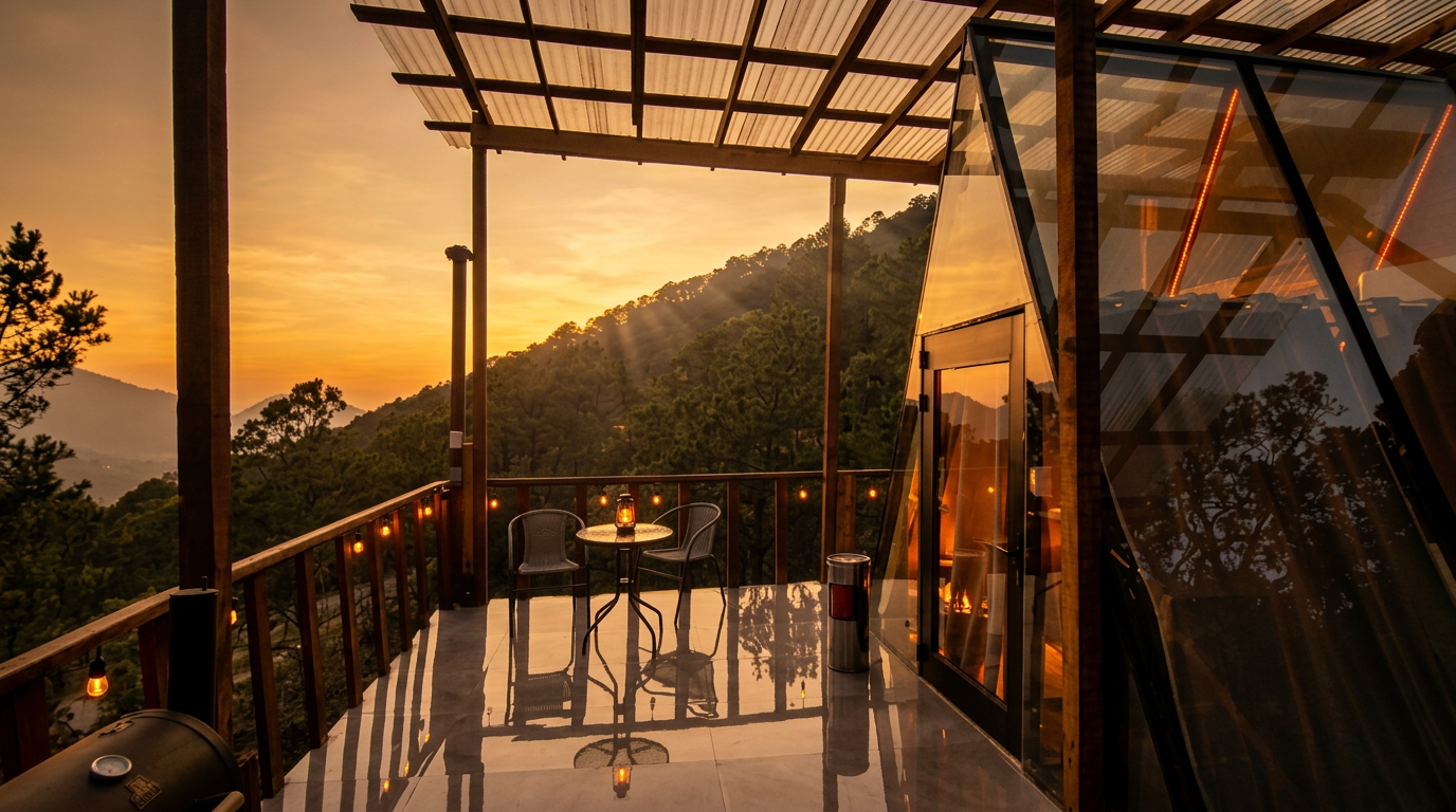Terraza con vista al atardecer en la sierra, Cabañas Los Osos